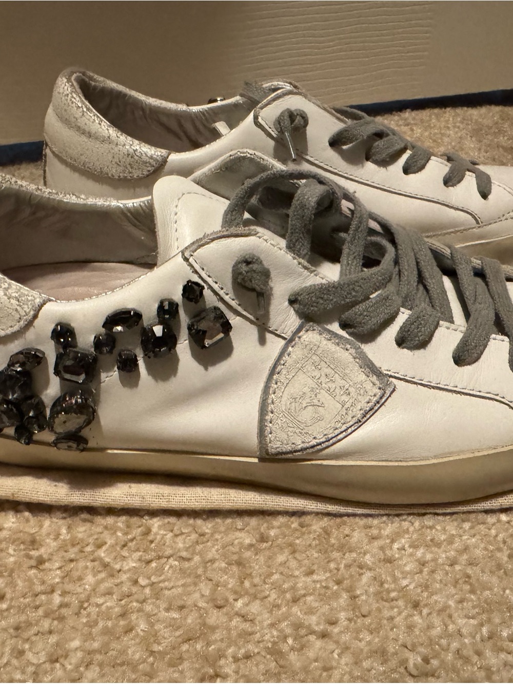 White Leather Women's Sneaker with Gray Accents and Black Gem Details